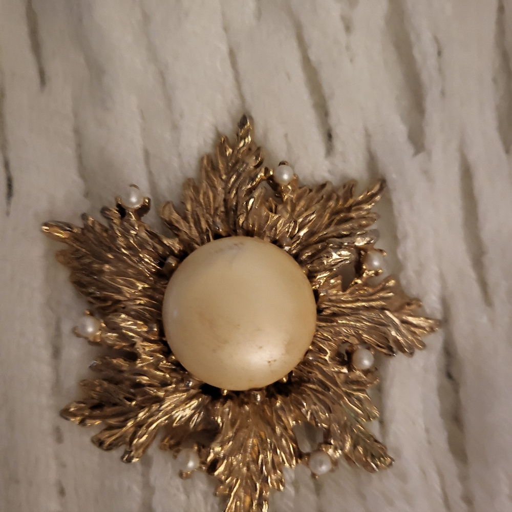 Gold and Cream Brooch with Leaf Design